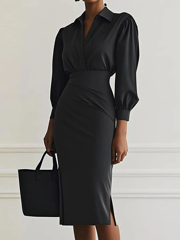 Spring Summer Puff Sleeve Simple Maxi Dress, Women Holiday Solid Patchwork Chic Party Dress, 2025 New V Neck Casual Ladies Dress
