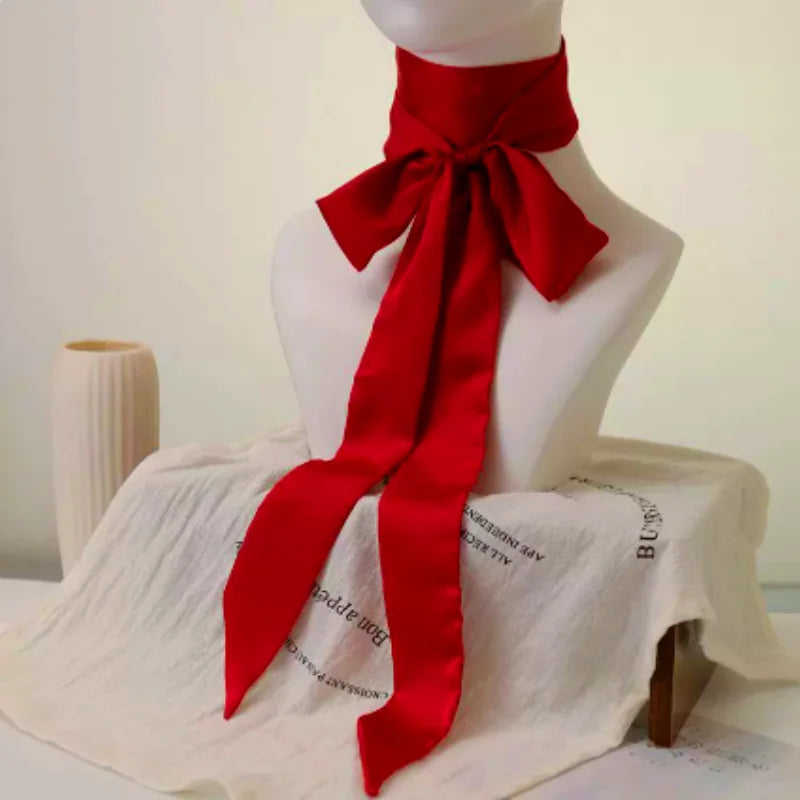 Bright Red Slim Ladies Chiffon Silk Scarf, multi-use for bag ribbons, headbands, chokers and hair ties
