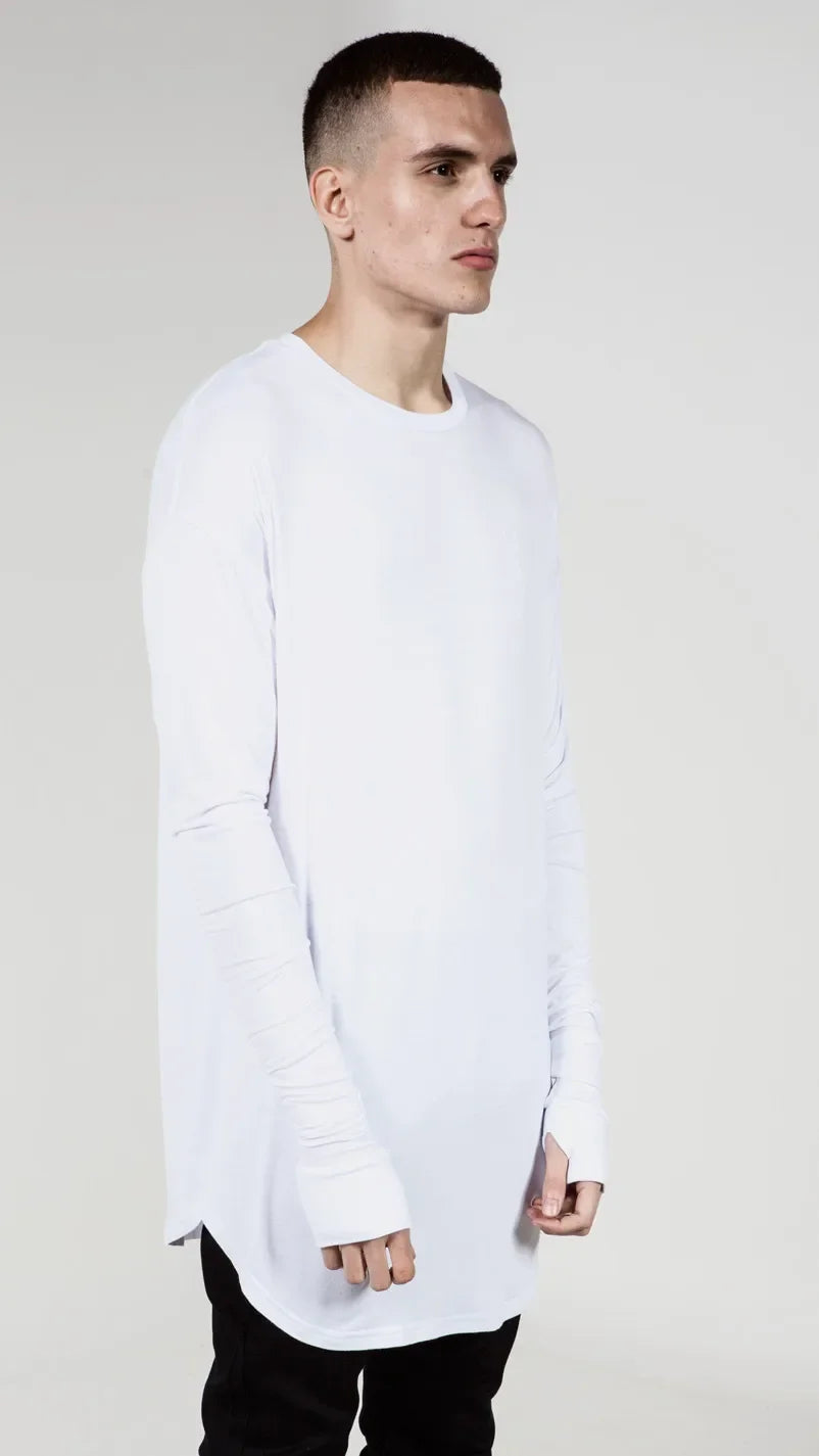 Quality Hip Hop T Shirt Full Mens Long Sleeve T-Shirt with Thumb Hole Cuffs Tees Shirts Curve Hem Men Street Wear Tops Plus Size