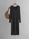 Women Knitted Dress With Side Slit Long Sleeve Solid Elegant Dresses For Ladies Light Blue Big Collar Skinny Long Dresses Autumn