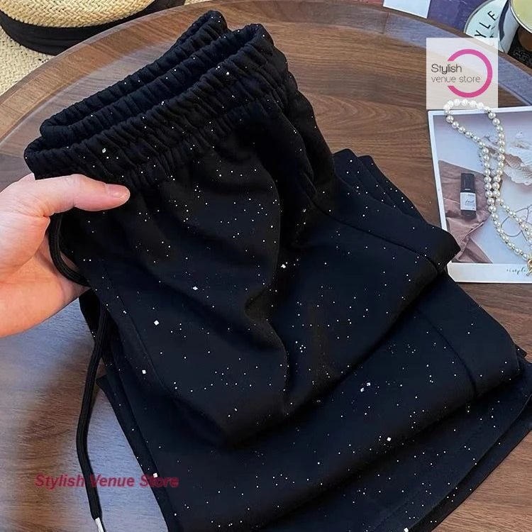 American style black all over the sky rhinestone wide-leg pants women's summer new fashion high waist straight casual pants.
