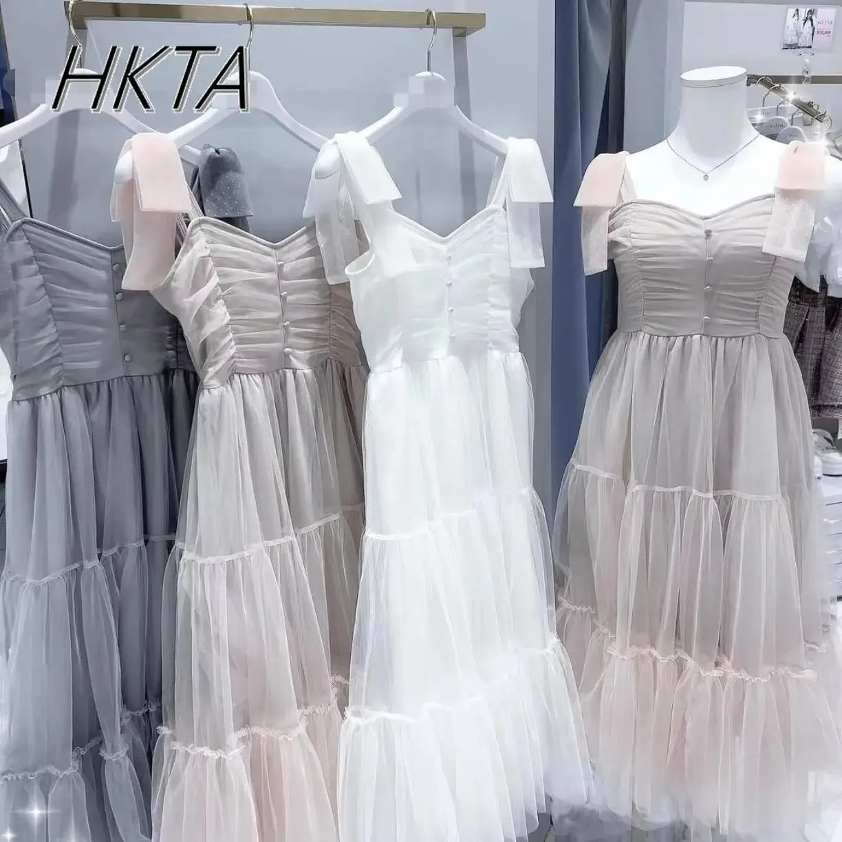 Japanese Style Niche Women Dresses Spring Summer Autumn Girl Sweet Bow Mesh Dress Lolita Cute Fairy Long Suspender Dress