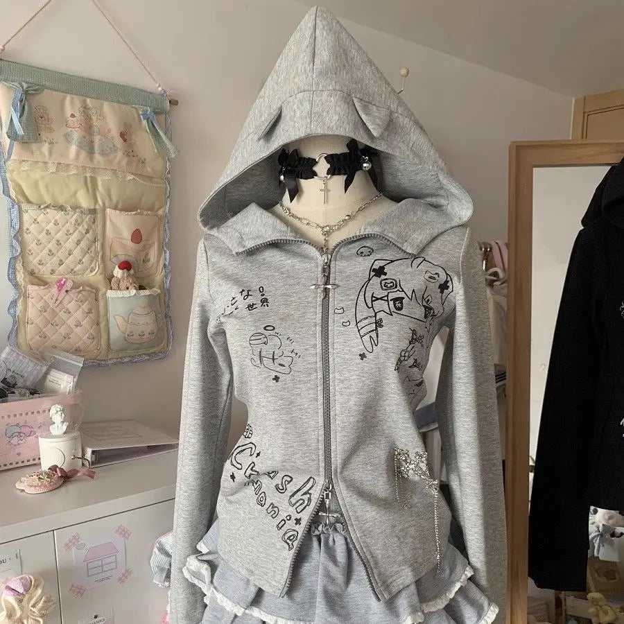 Cat Ears Hooded Sweatshirts 2025 Women Clothes Short Sleeve Zipper Slim Fit Hoodies Y2k Tops Casual Fashion Japanese Cute Hoodie