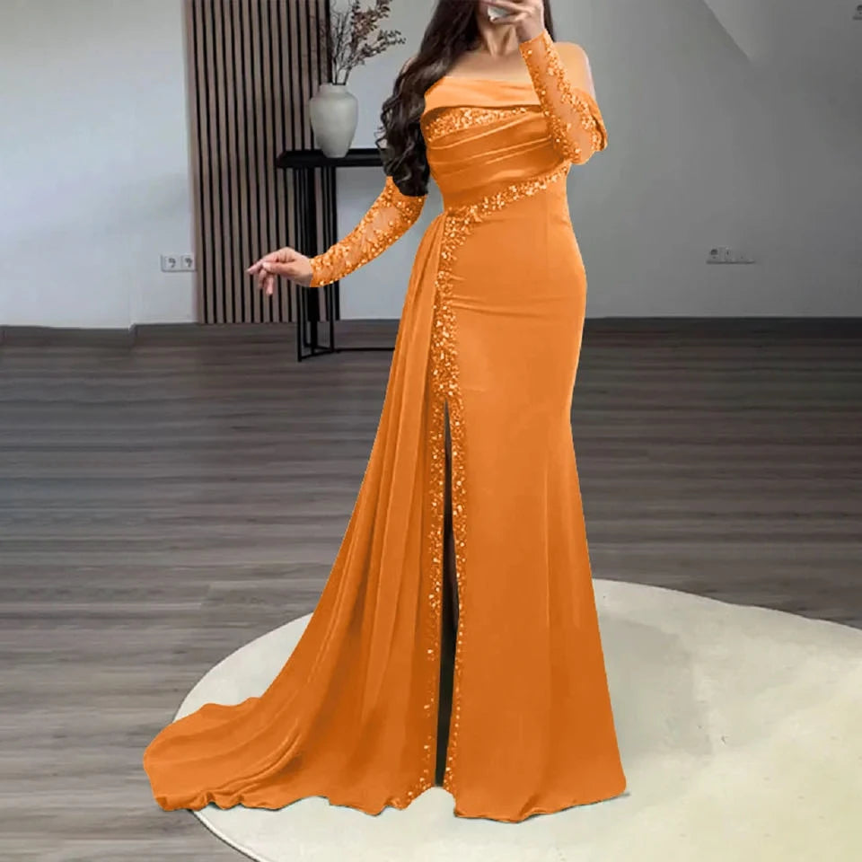Customized  Elegant Green Satin Mermaid Prom Dress Sequins Sleeves Side Split Evening Dresses Floor Length Formal Prom Gown