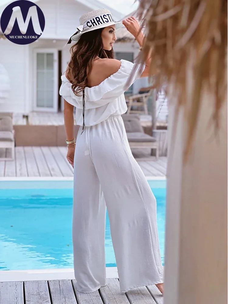 Summer Off-Shoulder Jumpsuit for Women Short-Sleeved Flounce Slim Fit Elastic Waist Fashionable Casual Jumpsuits