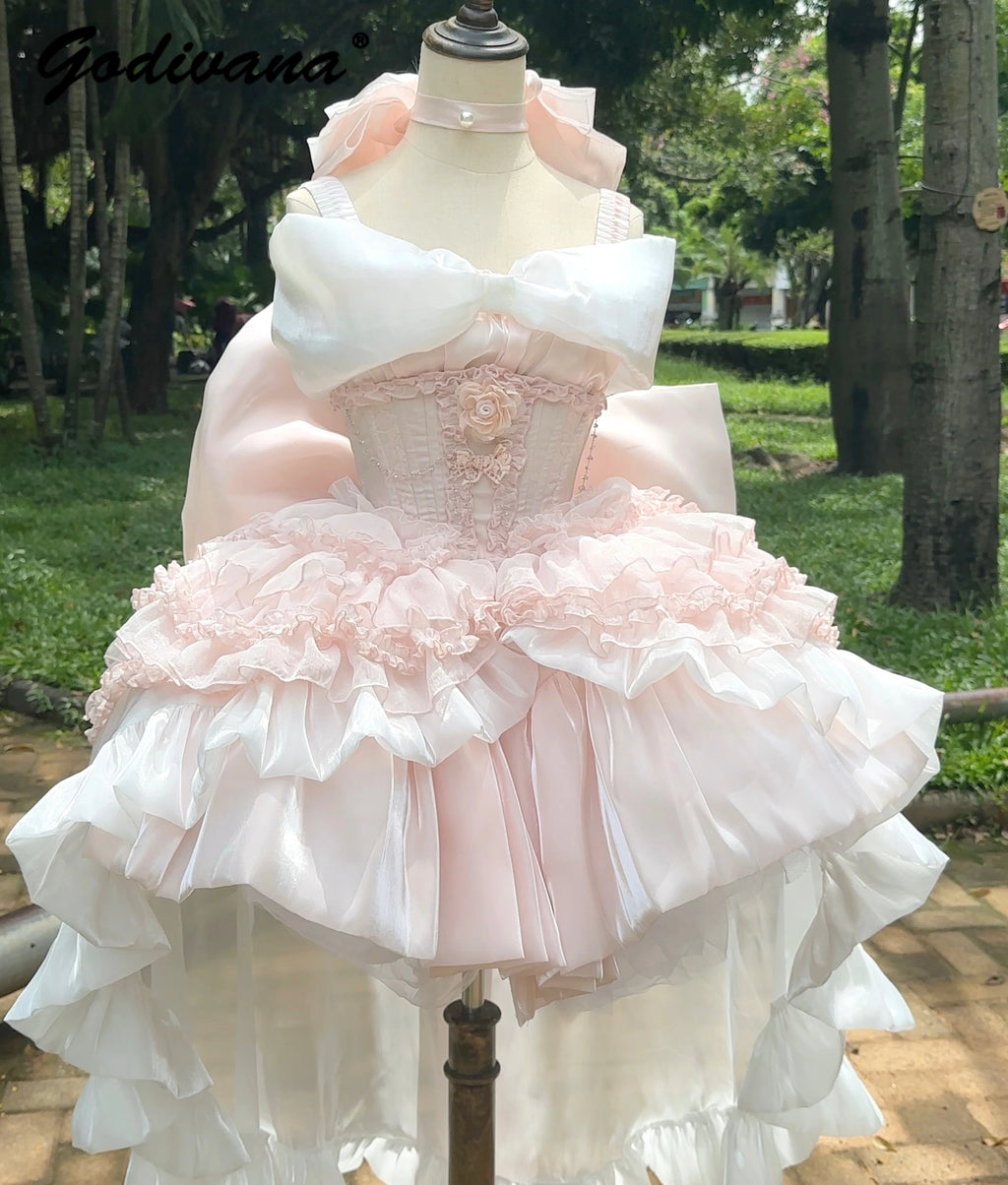 French Style Ladies Fairy Pink Strapless Dress 2025 Spring Summer Lolita Big Bow Princess Puff Short Party Evening Dresses