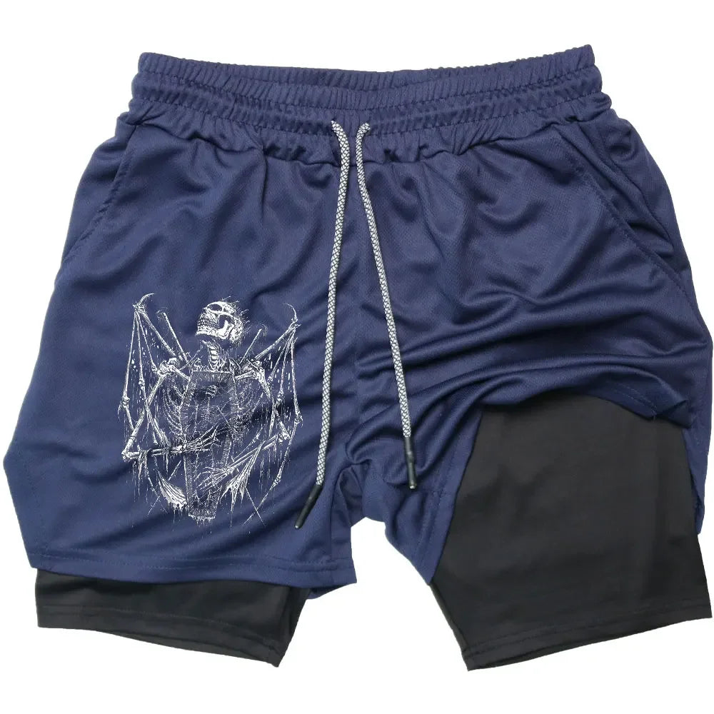 Y2K Performance Shorts Men Quick-drying Fitness Skull Print Double Layer Shorts Workout Training Running Bodybuilding Sportwear