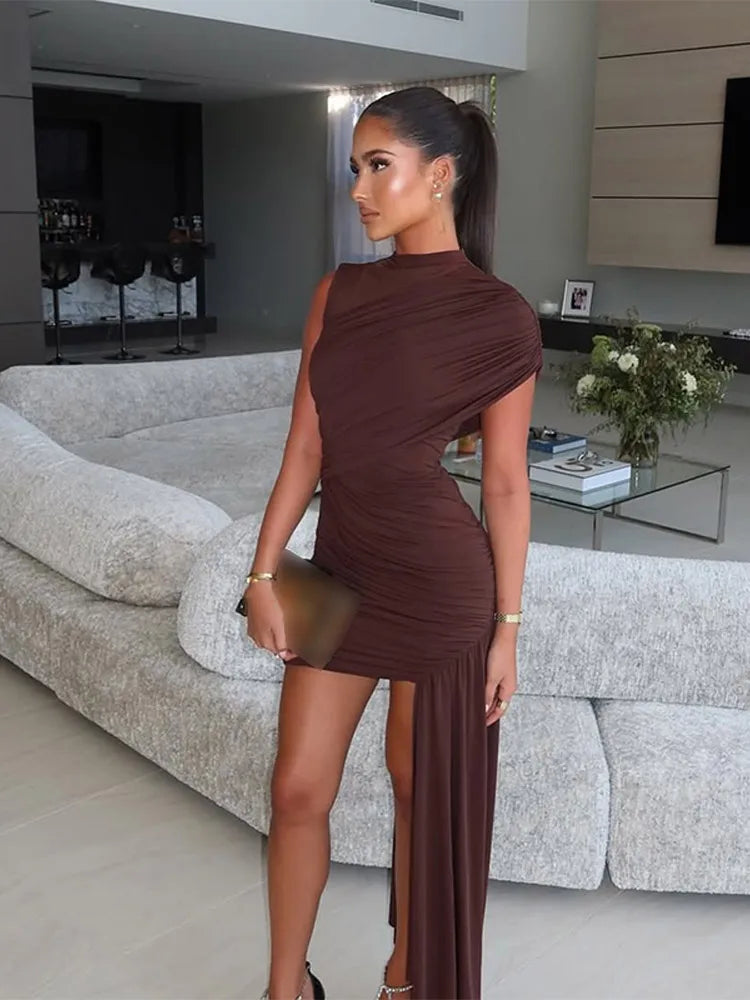 Women Mesh Pleated Sleeveless Mini Dresses 2026 Fashion Round Neck Slim Fit Solid Short Robes Summer Lady Holiday Vestidos New