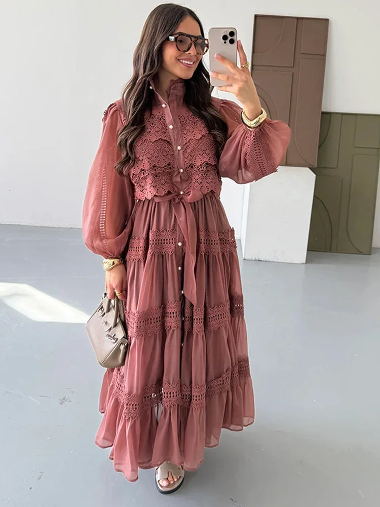 Hollow Out Women's Long Dresses Lantern Sleeves Lace Up Pearl Single Breasted Vestidos Spring Female Solid Elegant Robe 2026