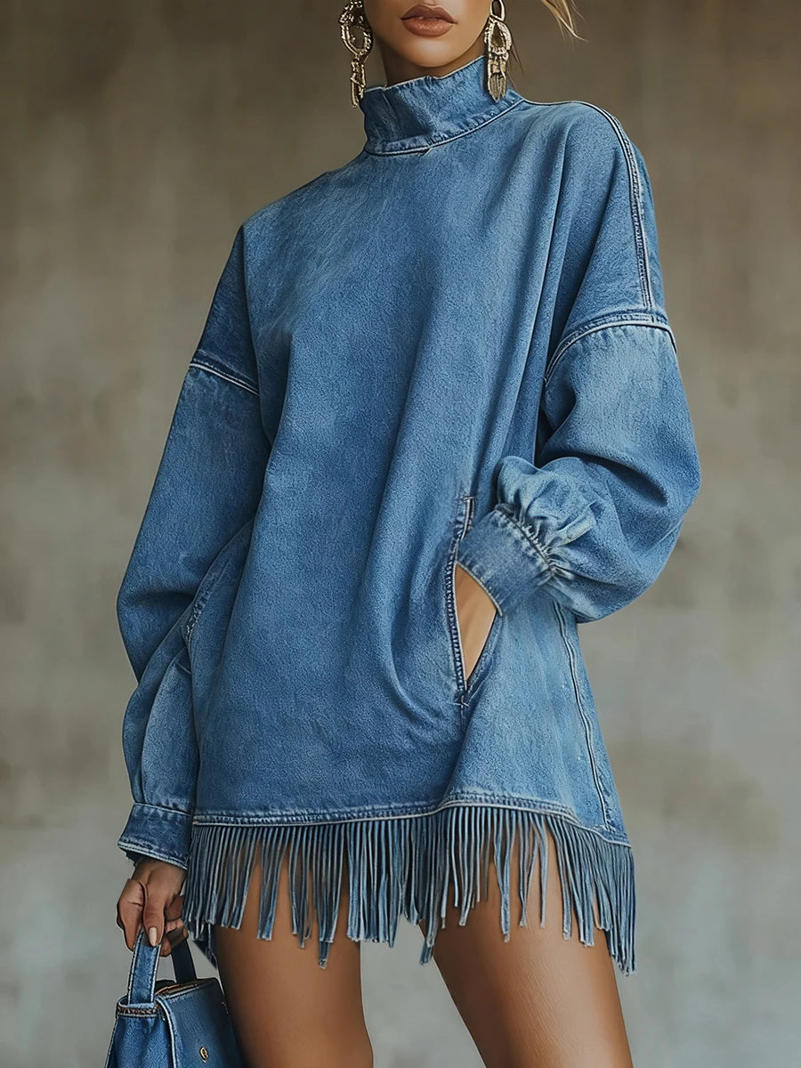 Denim Vintage Dresses Women Half High Collar Solid Color Tassel Hem Dress Fashion Long Sleeve Pocket Loose Sweatshirt Dress