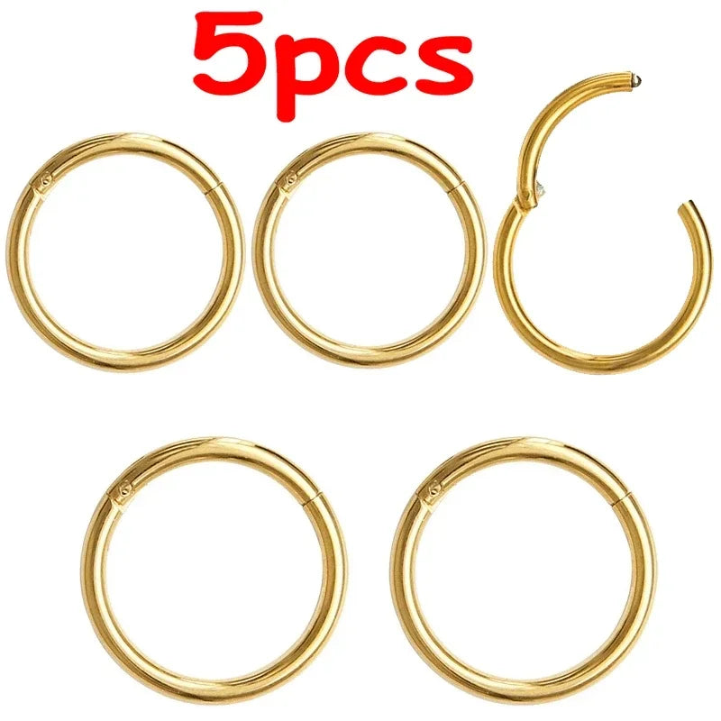 5pc 6/8/10mm Nose Ring Hinged Clicker Segment Nose Rings Helix Cartilage Septum Hoop Surgical Stainless Steel Seamless Earrings