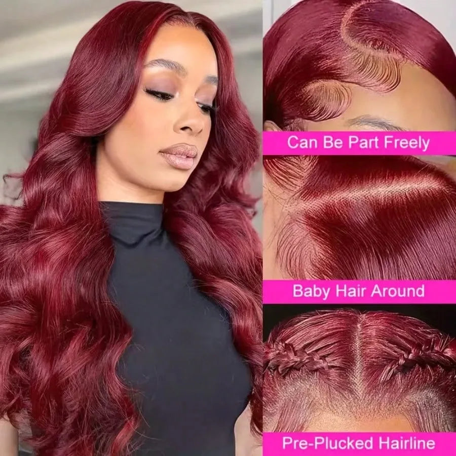 30 Inch Body Wave 99J Burgundy 13x4 Lace Front Wigs Human Hair Pre Plucked 200% Density Body Wave Lace Front Wigs Human Hair
