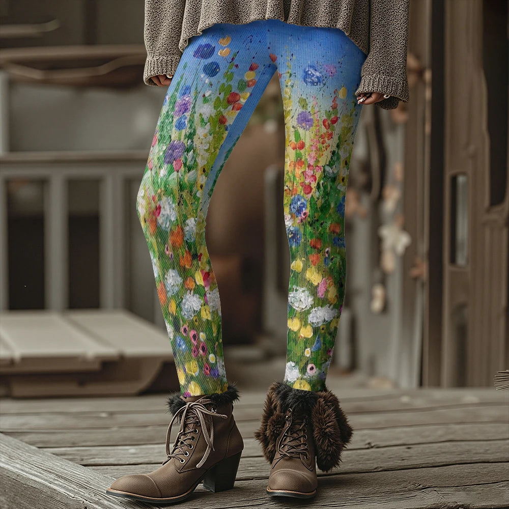 Colorful Blooming Flowers Pattern Women's Leggings Autumn Winter Warm Fashion Tights Stylish Outdoor Look Fashion Streetwear
