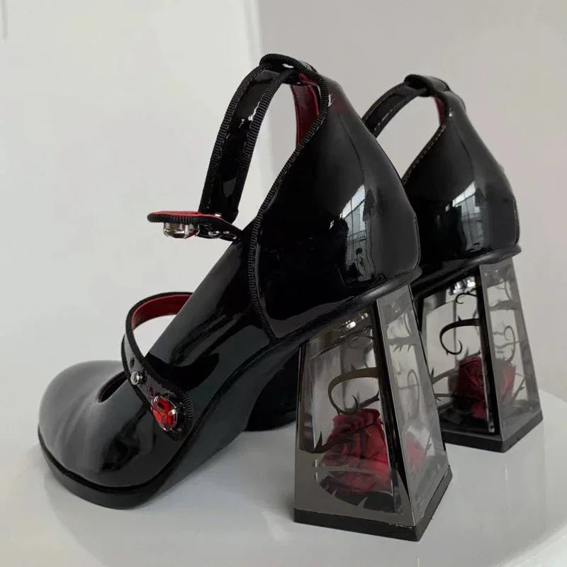 Punk Gothic High Heels Pumps Women 2024 New Rose Heeled Patent Leather Shoes Woman Ankle Straps Black Mary Jane Shoes