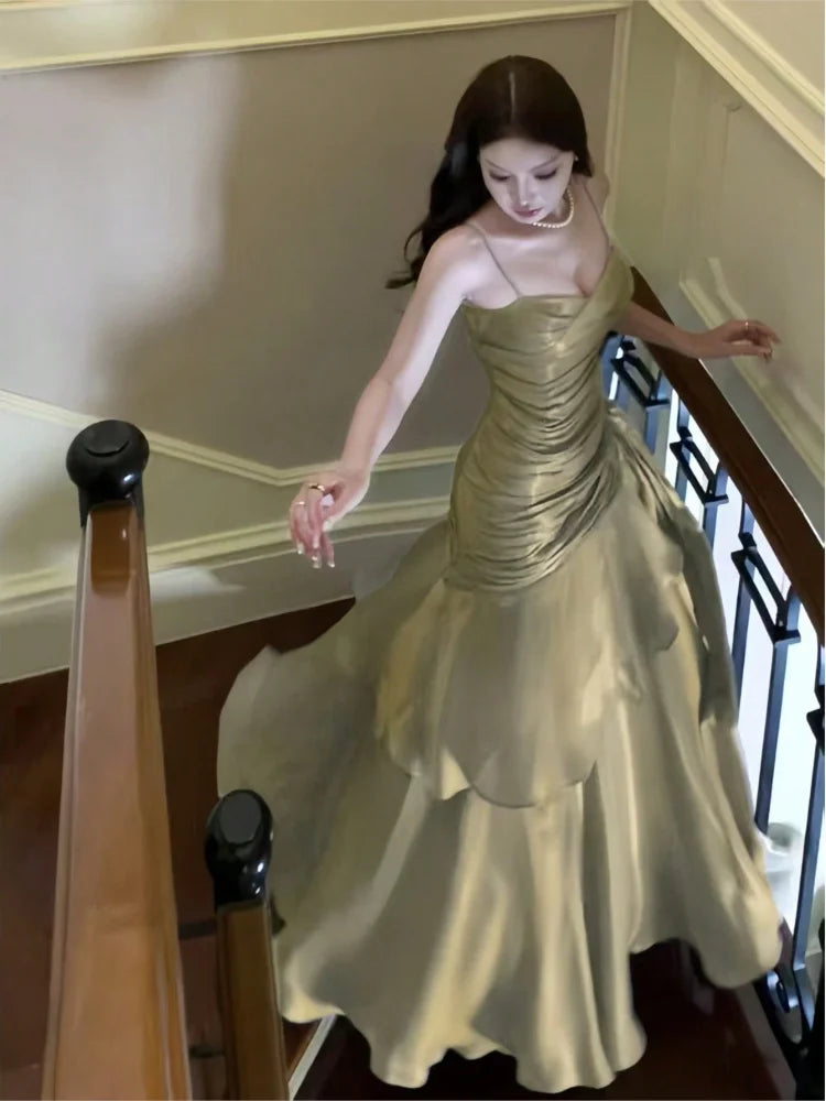 Elegant Ruffle Womens Dresses Sexy Spaghetti Strap Evening Birthday Party Dress Wedding Prom Vestidos Long Robe Female Clothing