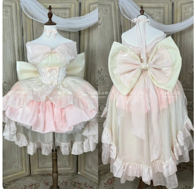 French Style Ladies Fairy Pink Strapless Dress 2025 Spring Summer Lolita Big Bow Princess Puff Short Party Evening Dresses