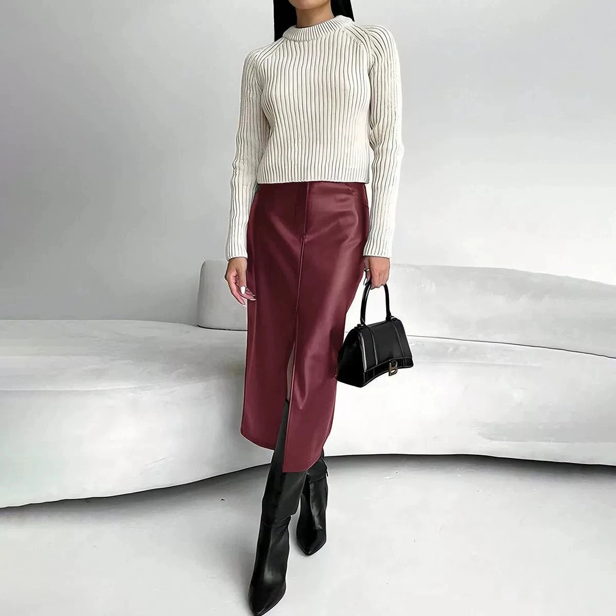 Leather Skirt High Waist Women Front Slit Spring Autumn Long Skirt High Waisted Office Lady Slim Skirts Elegant Ropa De Mujer