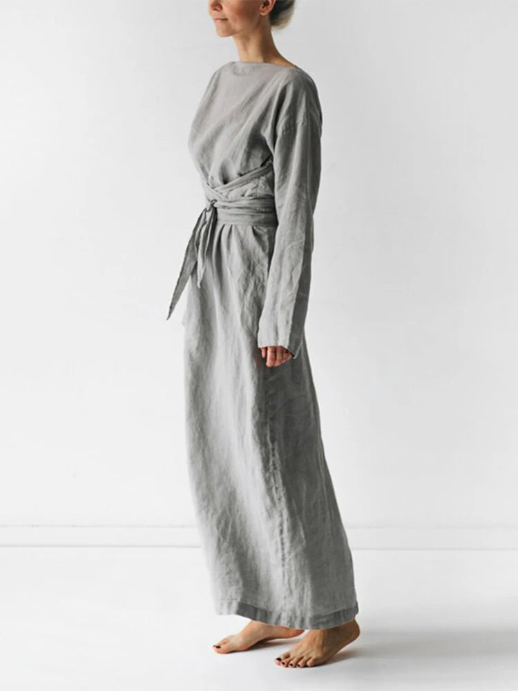Women Casual Solid Cotton Linen Dress Fashion Lace-Up Long Sleeve Maxi Dresses Spring Female Elegant Simple Dress Mujer Harajuku