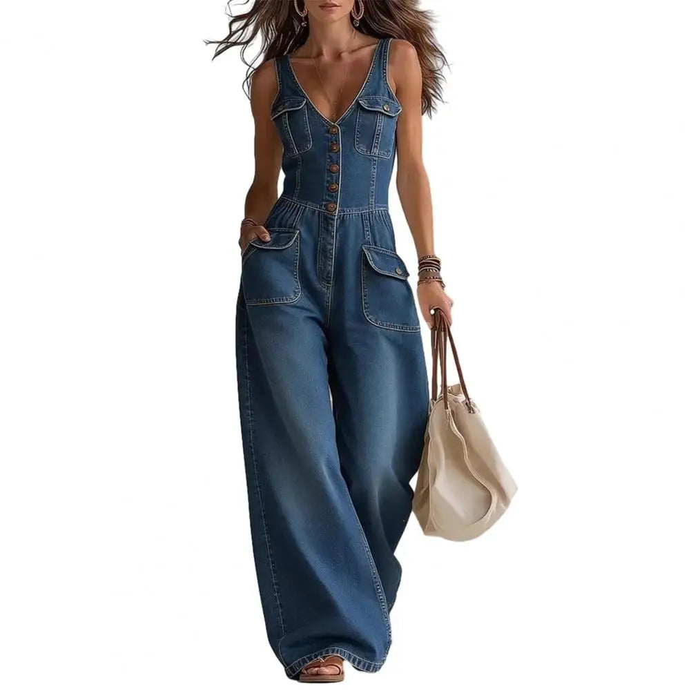 Stylish Women Jumpsuit Jumpsuit Denim Jumpsuit For Women V Neck Wide Leg Jean Rompers Summer Vacation Outfits With Pockets