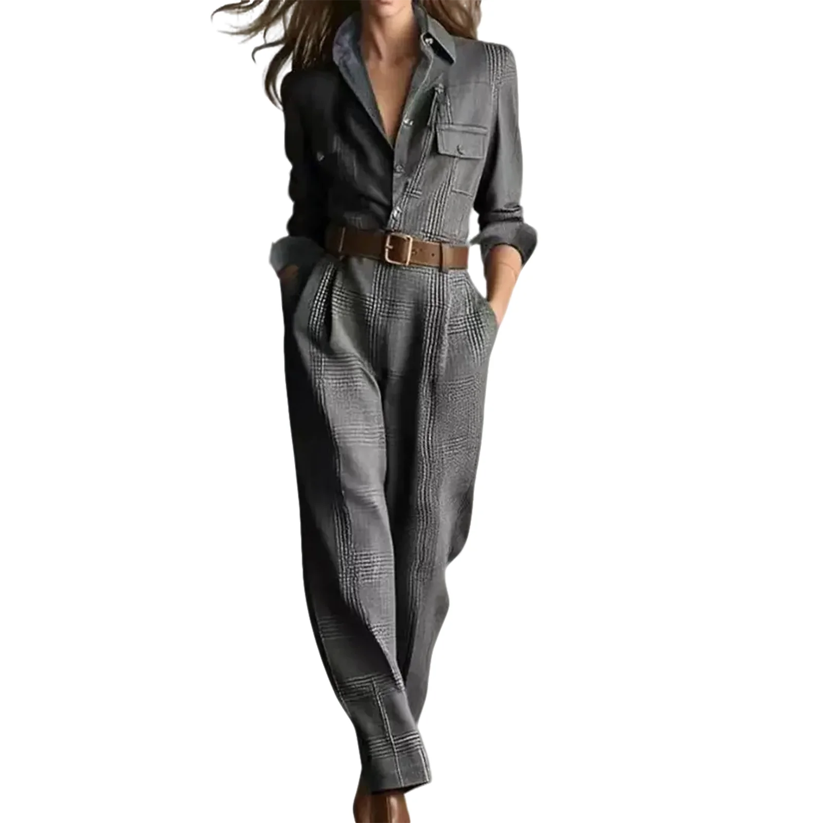 Womens Jumpsuit Beige Plaid Shirt-Style Jumpsuits Belted Wide-Leg Casual Office Jumpsuits 2026 Fashionable Outfit Vestido