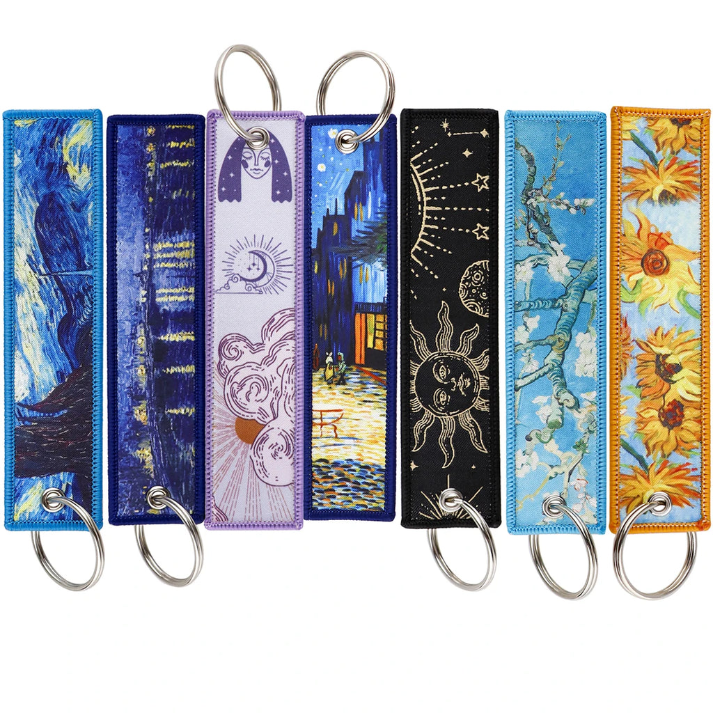Van Gogh Art Oil Painting Embroidered Key Chain Key Fobs Key Tag For Motorcycles Cars Backpack Chaveiro Keychain Kering Gifts