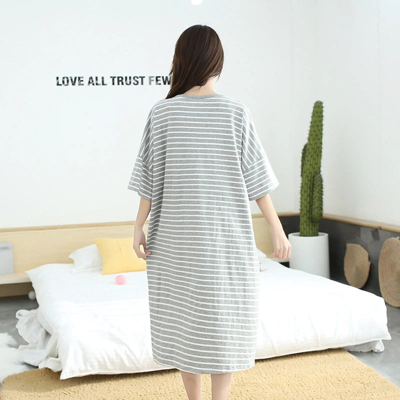 Summer Pajama Dress Female Short-Sleeved Cartoon Home Wear Lengthened Plus Size Striped Student Pajamas Easy To Wash Long
