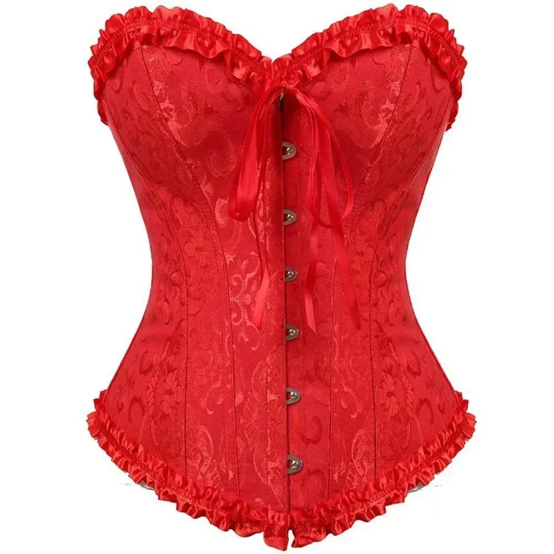 Corset Top Plus Size Women Bustier Overbust Sexy Lace up Floral Lingerie Vintage Gothic Victorian Fashion Black Red DropShipping
