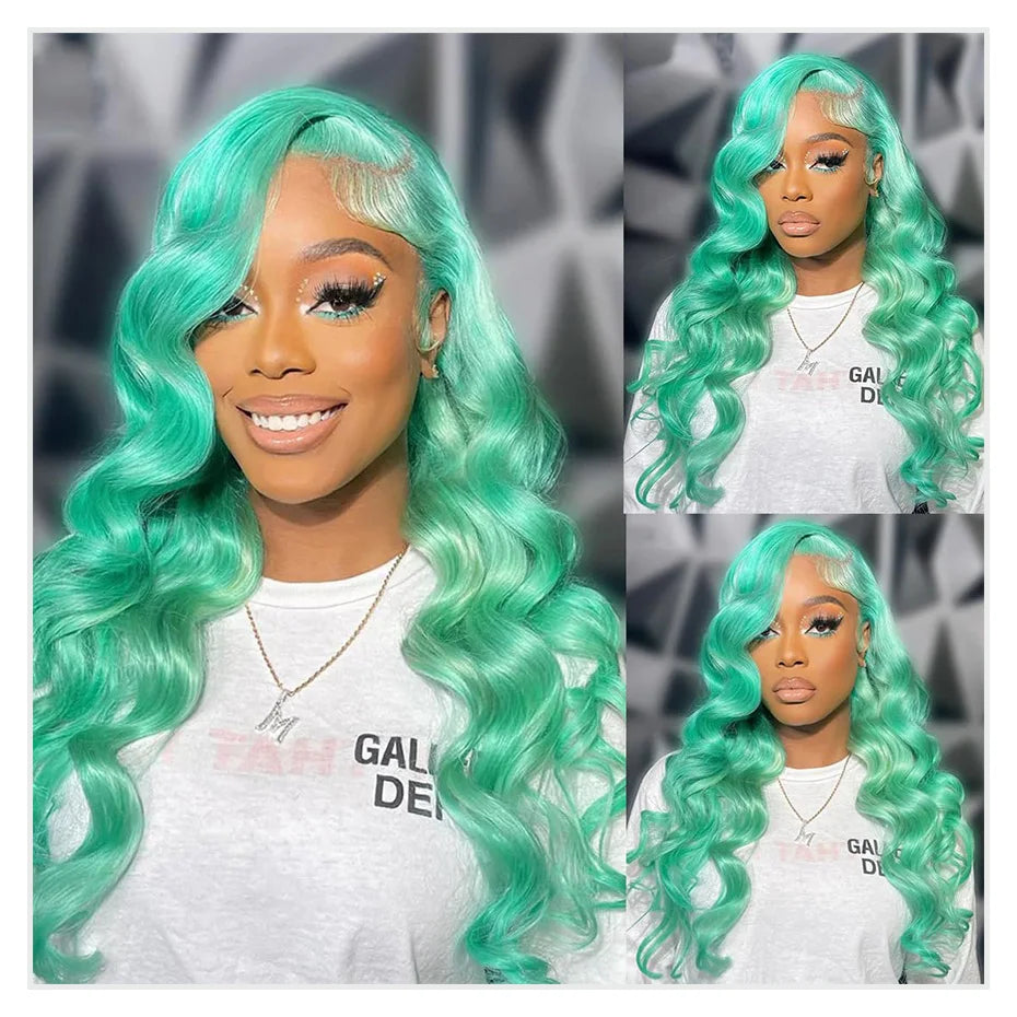 Mint Green Colored Body Wave Human Hair Wig Hd Lace Wig 13x6 Human Hair PrePlucked Brazilian Remy Hair Lace Front wigs For Women