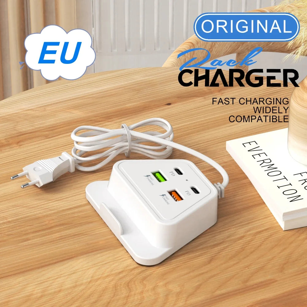 4 in 1 Desktop Charging Station 2PD 2USB Fast Charger Power Strip with EU UK US Plug USB Hub Adapter Socket for Multiple Devices