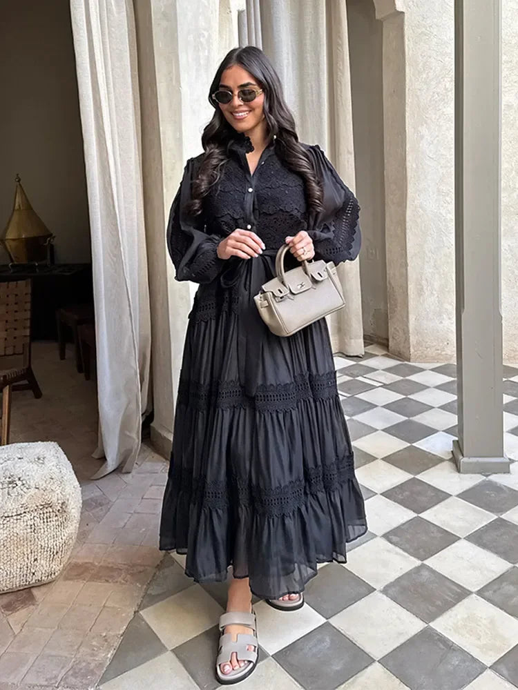 Hollow Out Women's Long Dresses Lantern Sleeves Lace Up Pearl Single Breasted Vestidos Spring Female Solid Elegant Robe 2026