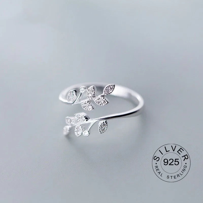 925 Sterling Silver Rings For Women Geometric Fine Jewelry Finger Adjustable Cute Flower Leaf Zirco Ring For Party Birthday Gift