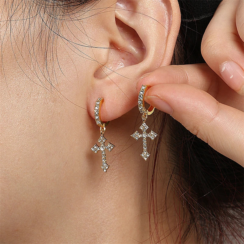 Fashion Luxury Zirconia Cross Dangle Earrings For Women Minimalist Personalized Ear Buckle Jewelry Accessory