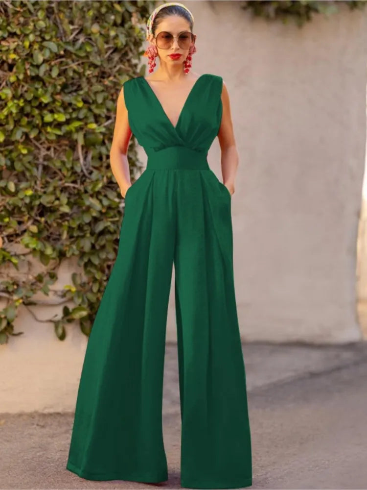 Jumpsuit Women Summer New Sleeveless Sexy Deep V-neck Solid Color High Waist Wide Leg Jumpsuits Elegant Commuting Lady Playsuits