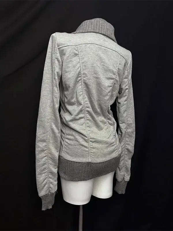 American Street Style Retro Pleated Turtleneck Zipper Hoodie Womens Grey Oversized Hoodie with Ribbed Cuffs Y2K Style Jacket