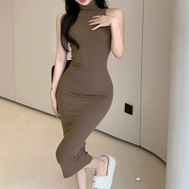Summer Women Sexy Slim Turtleneck Sleeveless Dresses Female Vestidos Tank Dress Woman Skinny Elastic Culb Pencil Dresses