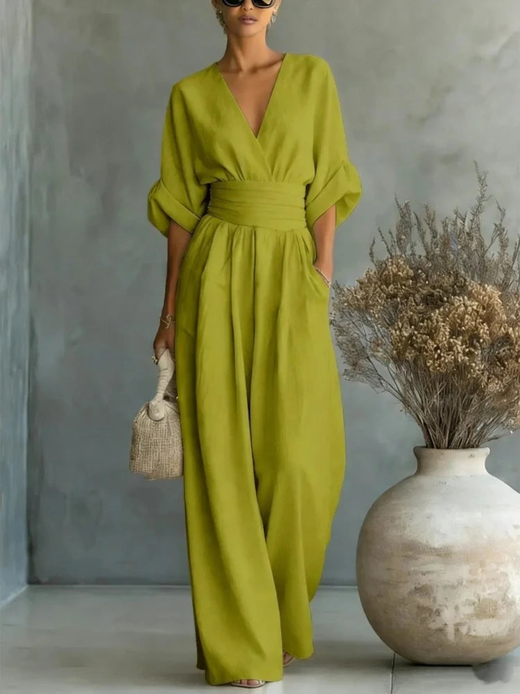 Women's Jumpsuit Fashion High Waist V-neck Casual Jumpsuits Sexy Solid Color Office Wide Leg Trousers Overalls Vacation Outfit