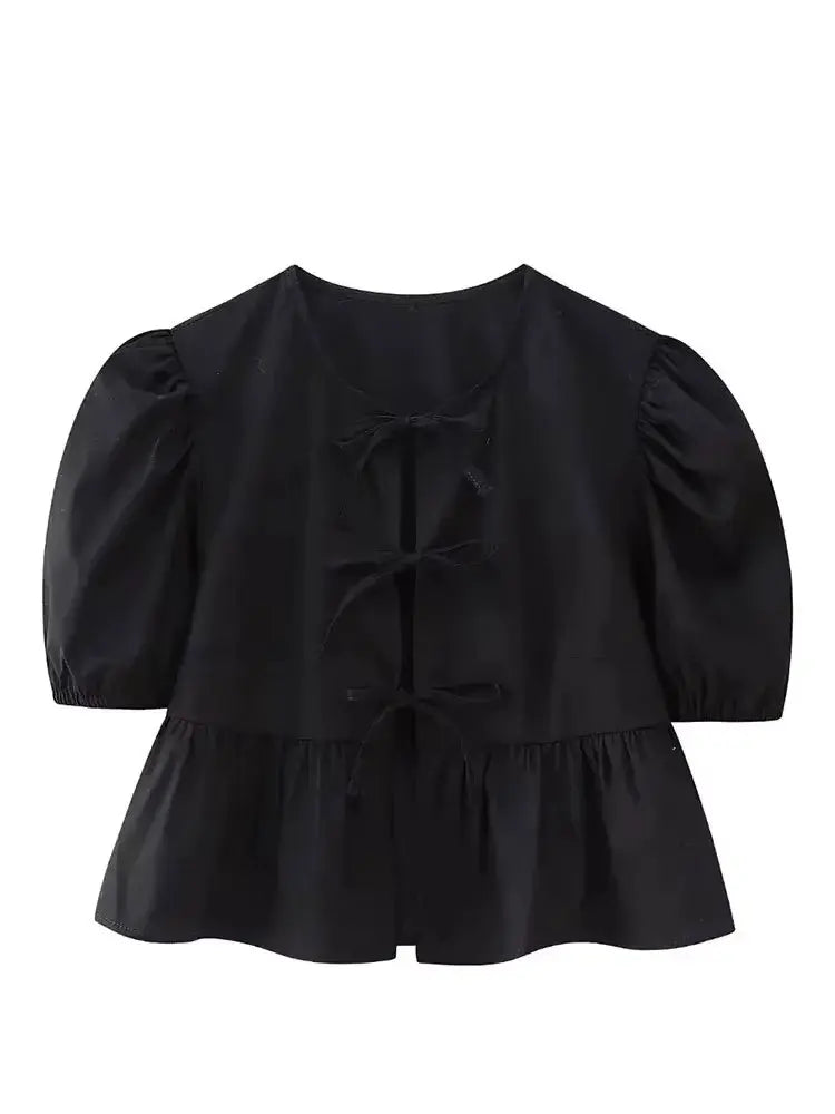 HH Women's Summer Tie Front Puff Sleeve Blouse Leopard Print Ruffle Hem Peplum Top Casual Daily Sweet Y2K Streetwear Short Shirt
