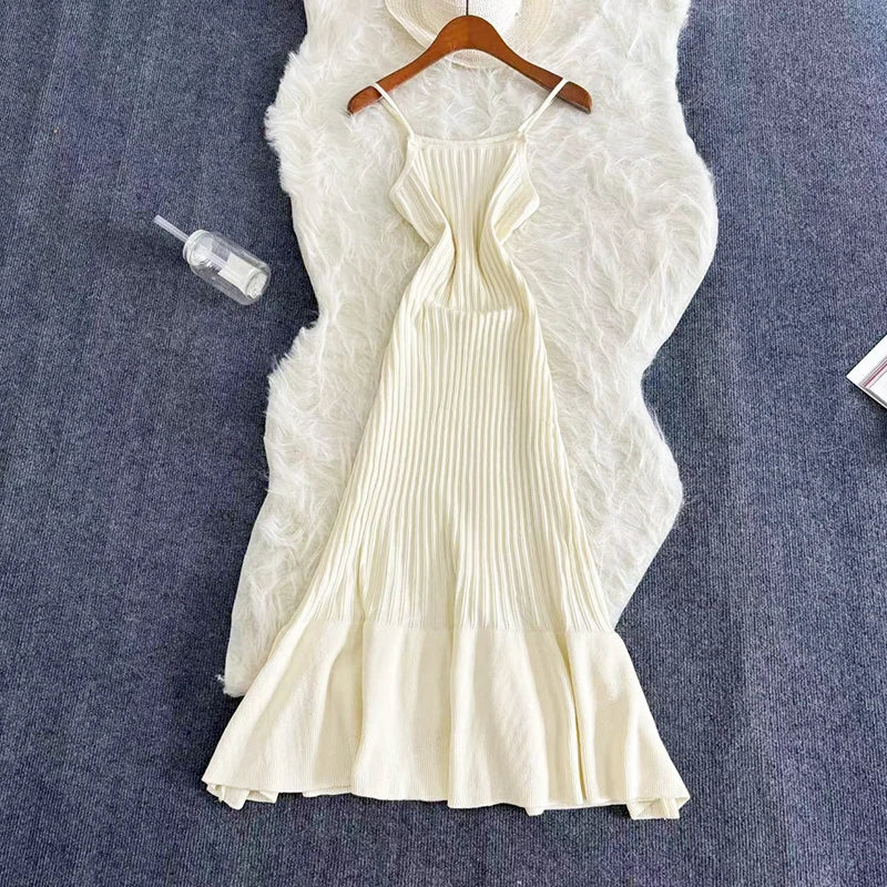 2024 Summer Knitted Bodycon Sexy Dress 2024 Sleeveless Ruffled Party Sundress High Street Elastic Slim Maxi Long  Dress