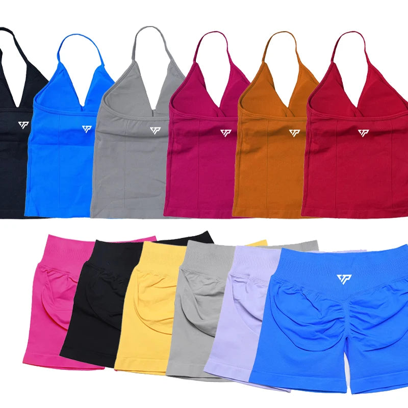 Keep That Pump 2 Piece Sets Shorts Top Womens Outfits Yoga Sets Gym Sets High Quality Seamless Lace-Up Bra Scratch Sports Sets