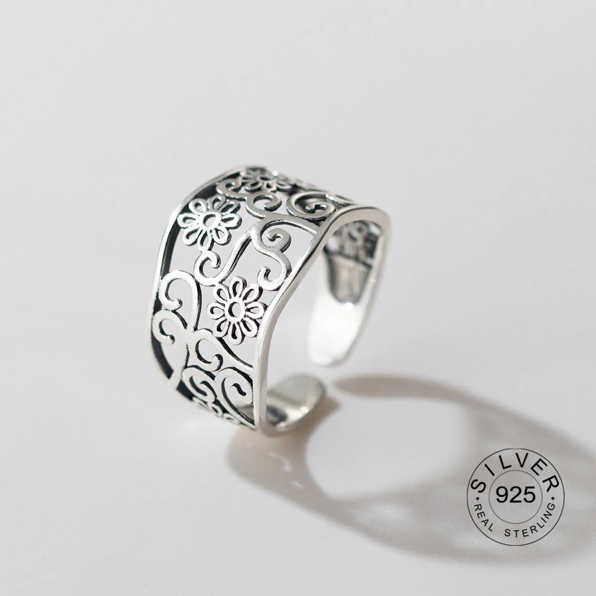 925 Sterling Silver Rings For Women Geometric Fine Jewelry Finger Adjustable Cute Flower Leaf Zirco Ring For Party Birthday Gift