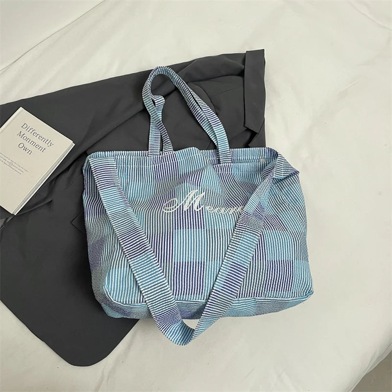 2025 Summer New Trends Striped Plaid Tote Bags For Women Cotton Fabric Letter Prints Large Capacity Shoulder Shopper Student Bag