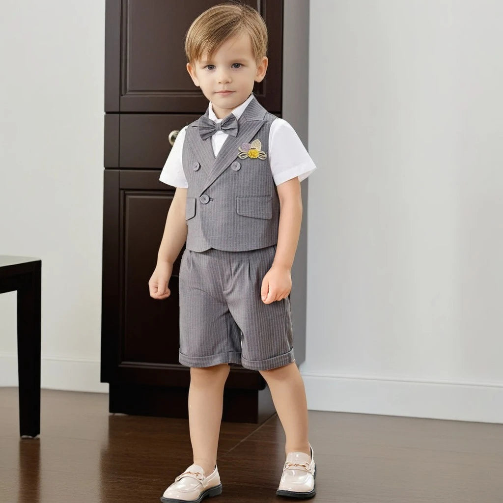 Boys Strap Pants Suit Fashion Gray Stripe Kids Weddings Blazers Set 2-12 Years Children School Uniform Toddler Birthday Outfits