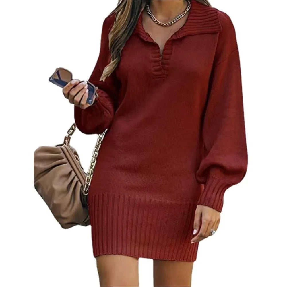 Women's Sweater Mid Length Dresses Fashion Lapel Lantern Sleeve Knit Solid Color Elegant Female Fall Winter Sweater Dress 2024