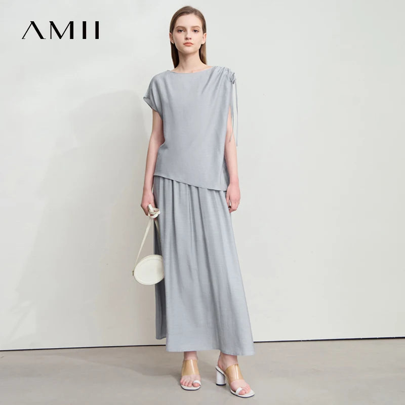 Amii Minimalism Chiffon Shirt Half Skirt Women 2025 Summer New Basic Solid Color Shirt Sold Separate Draw Pleat Skirt 12552059