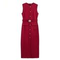 HH Women Elegant Black Dress O Neck Single Breasted Sleeveless Dresses With Belt Summer Casual Office Lady Dress Vestidos