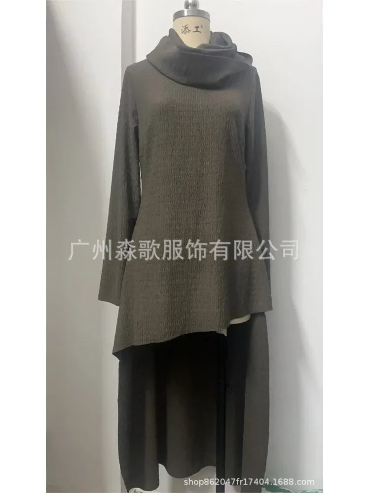 Elegance Heaps Collar Loose Dress For Woman Fashion Irregular Hem Long Sleeves Casual Dresses Spring Autumn Lady Solid Vestidos