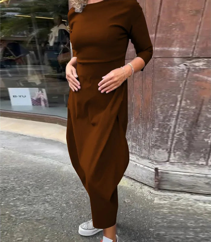 Dress For Women Slouchy Fashion Solid Color Long Dresses Loose Round Neck Long Sleeve Vintage Comfortable Vestidos Para Mujer