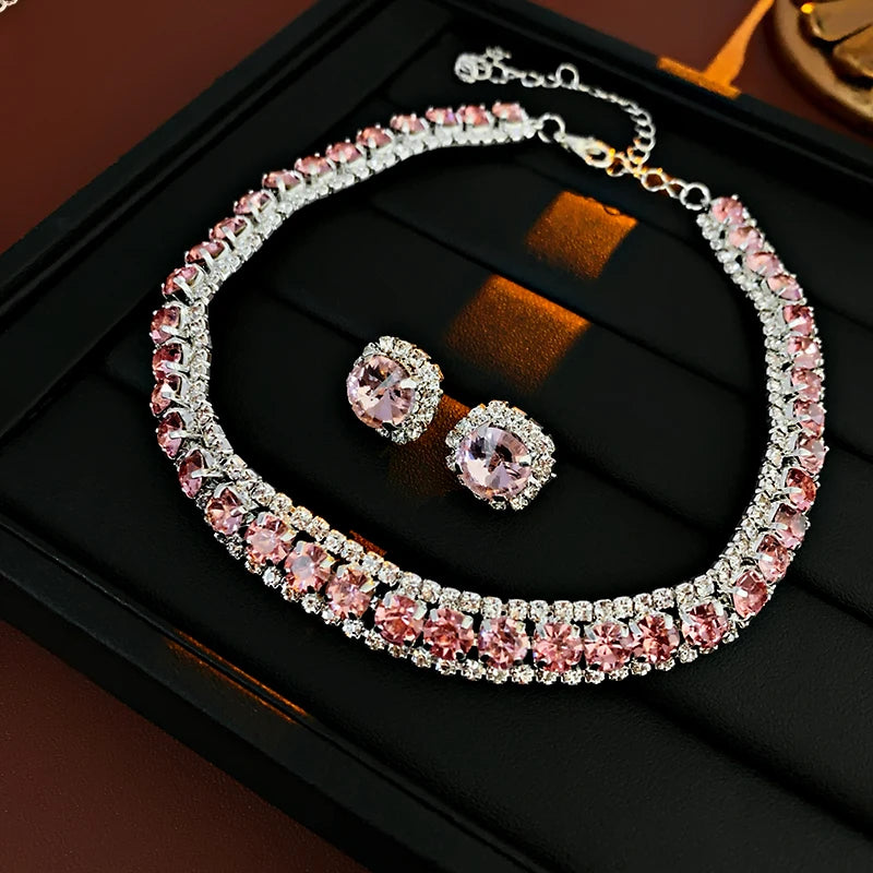 Luxury Green Rhinestone Necklace Stud Earrings For Women Crystal Choker Necklaces Ladies Fashion Weddings Banquet Jewelry Set K