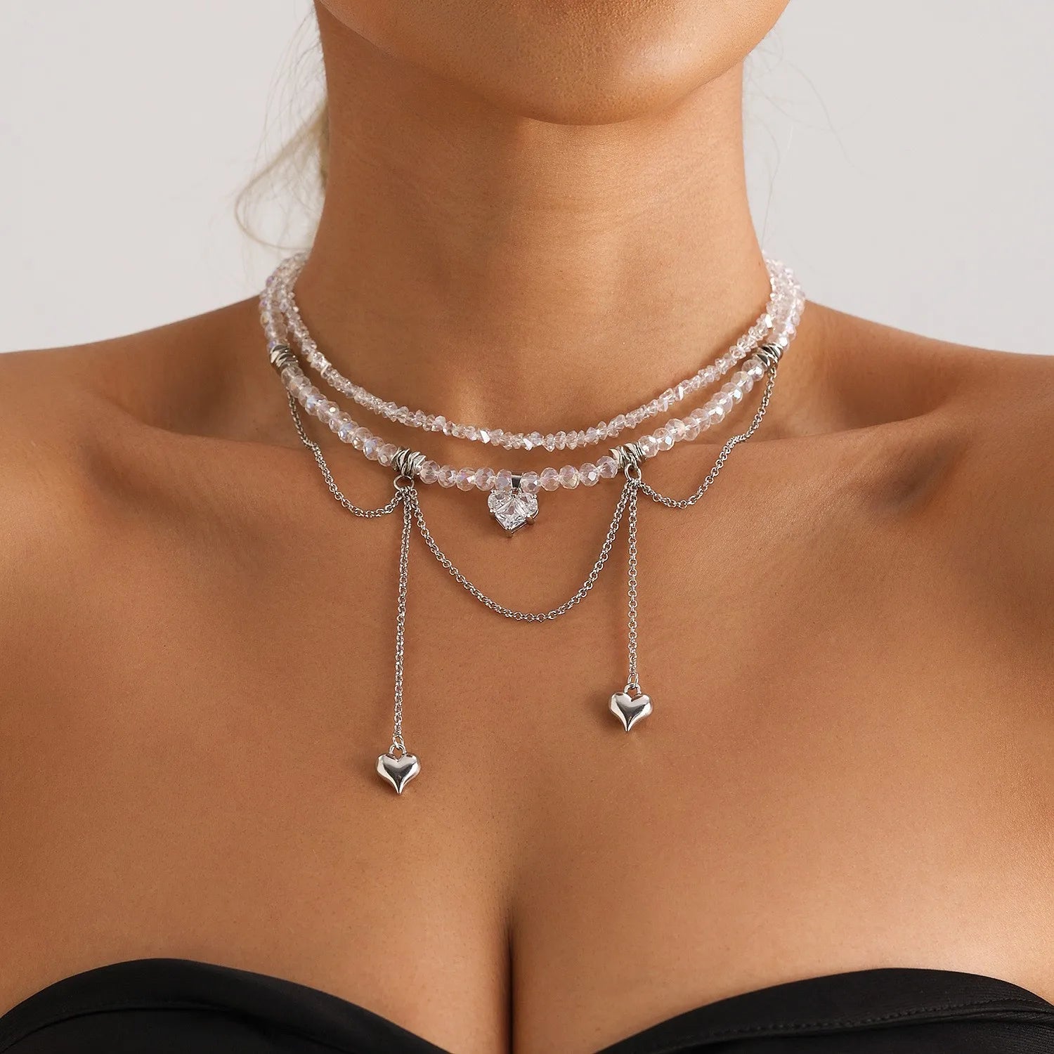 Y2K Heart Beaded Necklace Women Boho Irregular Crystal Class Gravel Clavicle Chain Cool Y2K Choker Exquisite Fashion Jewelry