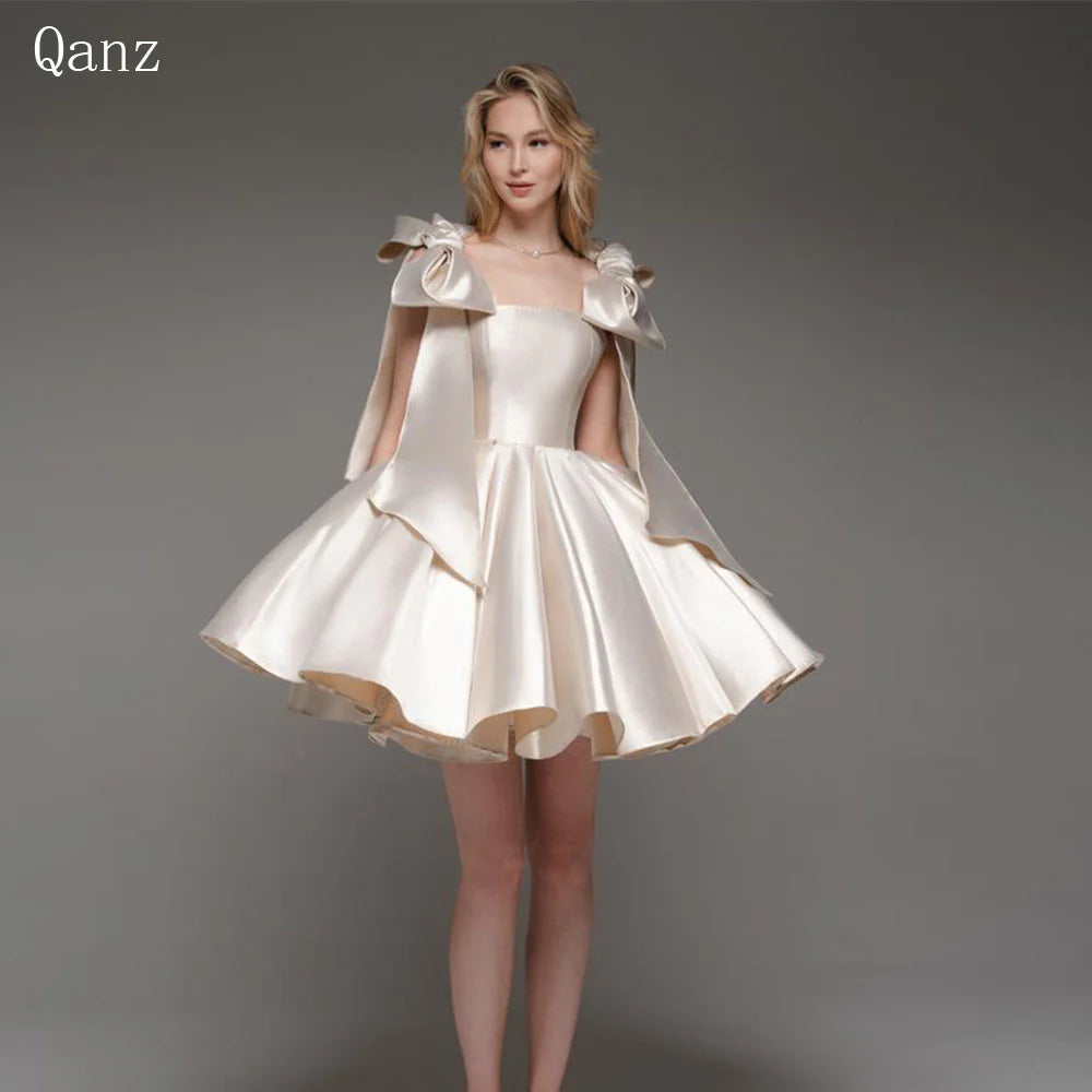 Qanz Champagne Short Prom Dresses Bow Straps Satin Strapless Graduation Dress Lace Up Back Customized Birthday Dress For Women